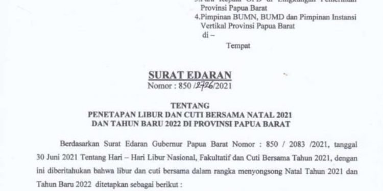 Ini Penetapan Cuti Bersama Natal 2021 dan Tahun Baru 2022 di Papua Barat