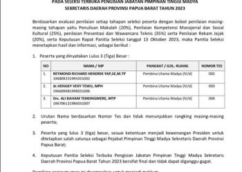 Dari Tiga Nama Calon Sekda Papua Barat, akan Ditetapkan Presiden RI