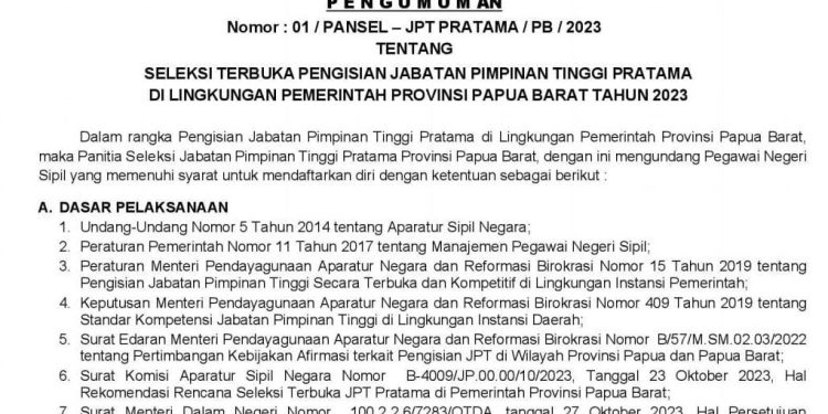 Pemprov PB Buka Seleksi Jabatan bagi 13 JPT Pratama Termasuk Sekretaris DPR dan MRP Papua Barat