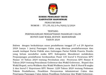 Pengumuman Perpanjangan Pendaftaran Paslon Bupati dan Wakil Bupati Manokwari Tahun 2024