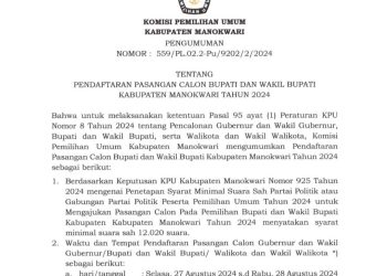 PENGUMUMAN Pendaftaran Calon Bupati dan Wakil Bupati Kabupaten Manokwari Tahun 2024
