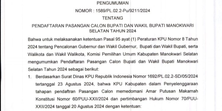 PENGUMUMAN Pendaftaran Pasangan Calon Bupati dan Wakil Bupati Manokwari Selatan Tahun 2024