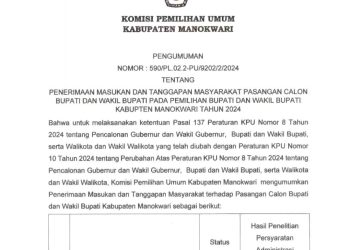 PENGUMUMAN PENERIMAAN MASUKAN DAN TANGGAPAN MASYARAKAT PASLON BUPATI DAN WAKIL BUPATI PADA PEMILIHAN BUPATI DAN WAKIL BUPATI KABUPATEN MANOKWARI TAHUN 2024