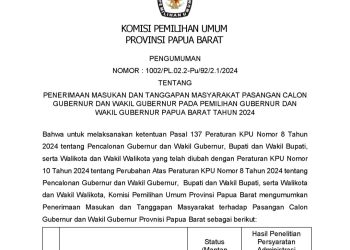 PENGUMUMAN PENERIMAAN MASUKAN DAN TANGGAPAN MASYARAKAT PASLON GUBERNUR DAN WAKIL GUBERNUR PADA PEMILIHAN GUBERNUR DAN WAKIL GUBERNUR PROVINSI PAPUA BARAT TAHUN 2024