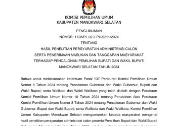 Pengumuman Hasil Penelitian Persyaratan Administrasi Calon Serta Penerimaan Masukan dan Tanggapan Masyarakat Terhadap Pencalonan Pemilihan Bupati dan Wakil Bupati Manokwari Selatan Tahun 2024