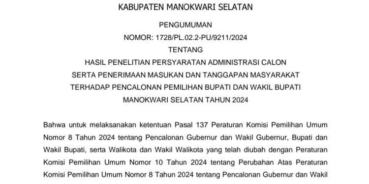 Pengumuman Hasil Penelitian Persyaratan Administrasi Calon Serta Penerimaan Masukan dan Tanggapan Masyarakat Terhadap Pencalonan Pemilihan Bupati dan Wakil Bupati Manokwari Selatan Tahun 2024