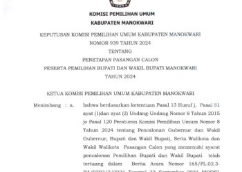 PENGUMUMAN PENETAPAN PASANGAN CALON PESERTA PEMILIHAN BUPATI DAN WAKIL BUPATI MANOKWARI TAHUN 2024
