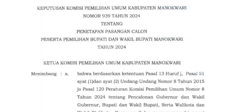 PENGUMUMAN PENETAPAN PASANGAN CALON PESERTA PEMILIHAN BUPATI DAN WAKIL BUPATI MANOKWARI TAHUN 2024