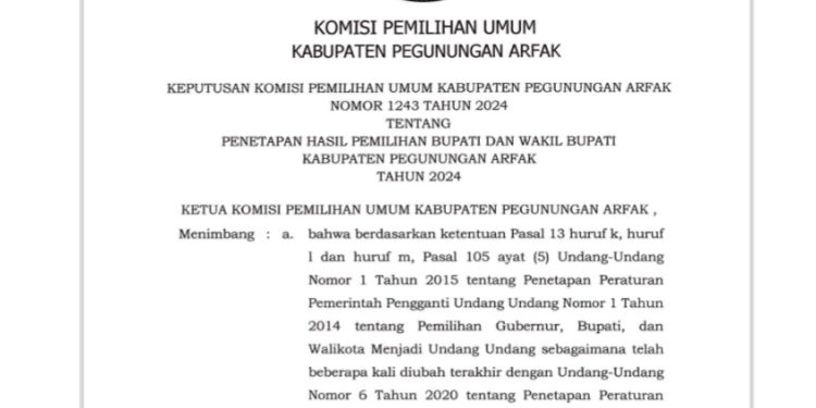 Pengumuman Penetapan Hasil Pemilihan Bupati dan Wakil Bupati Pegunungan Arfak Tahun 2024