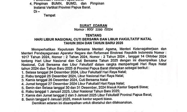 Edaran Gubernur Terkait Hari Libur Fakultatif Natal dan Tahun Baru