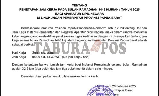 Selama Bulan Ramdhan, ASN Pemprov Papua Barat Bekerja 6,5 Jam