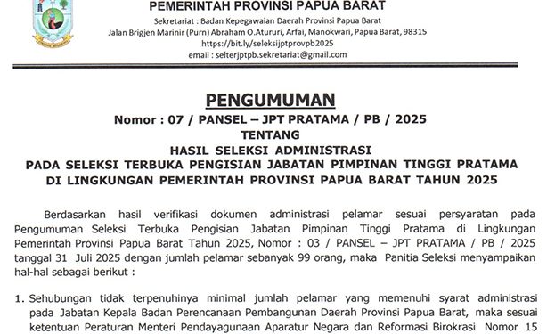 Pansel Umumkan Hasil Seleksi Administrasi Pengisian JPT Pratama Papua Barat