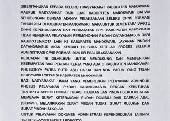 Disdukcapil Manokwari Tunda Pelayanan Pengurusan Adminduk Pindah Datang