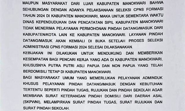 Disdukcapil Manokwari Tunda Pelayanan Pengurusan Adminduk Pindah Datang