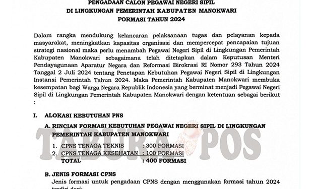 Pemkab Manokwari Buka Seleksi CPNS Formasi 2024