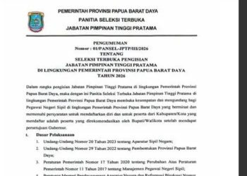 Pemprov Papua Barat Daya Buka Seleksi Terbuka 14 Jabatan Eselon II