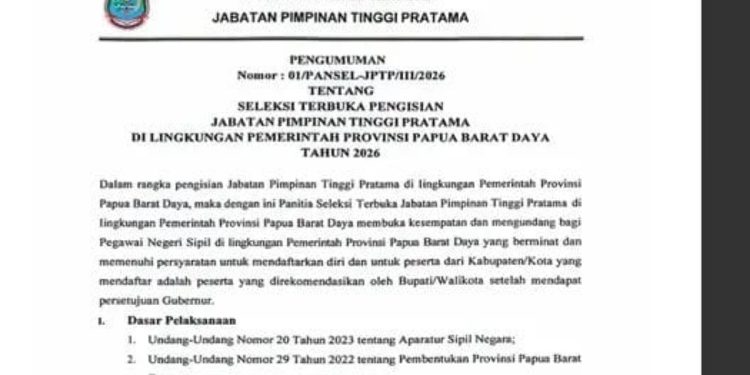 Pemprov Papua Barat Daya Buka Seleksi Terbuka 14 Jabatan Eselon II