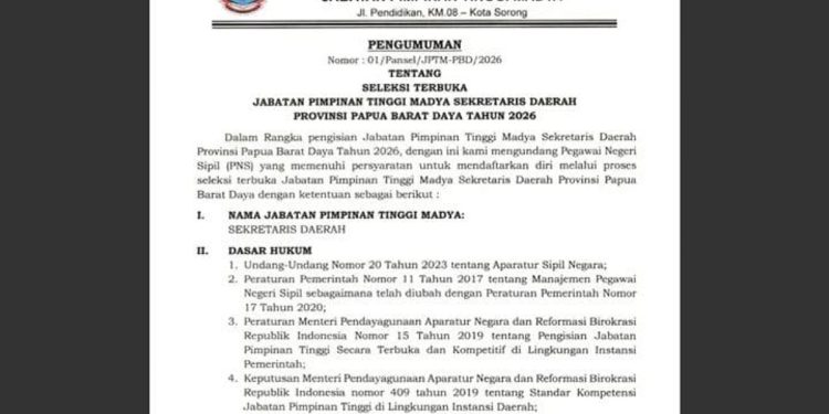 Pemprov Papua Barat Daya Buka Seleksi Terbuka Sekda